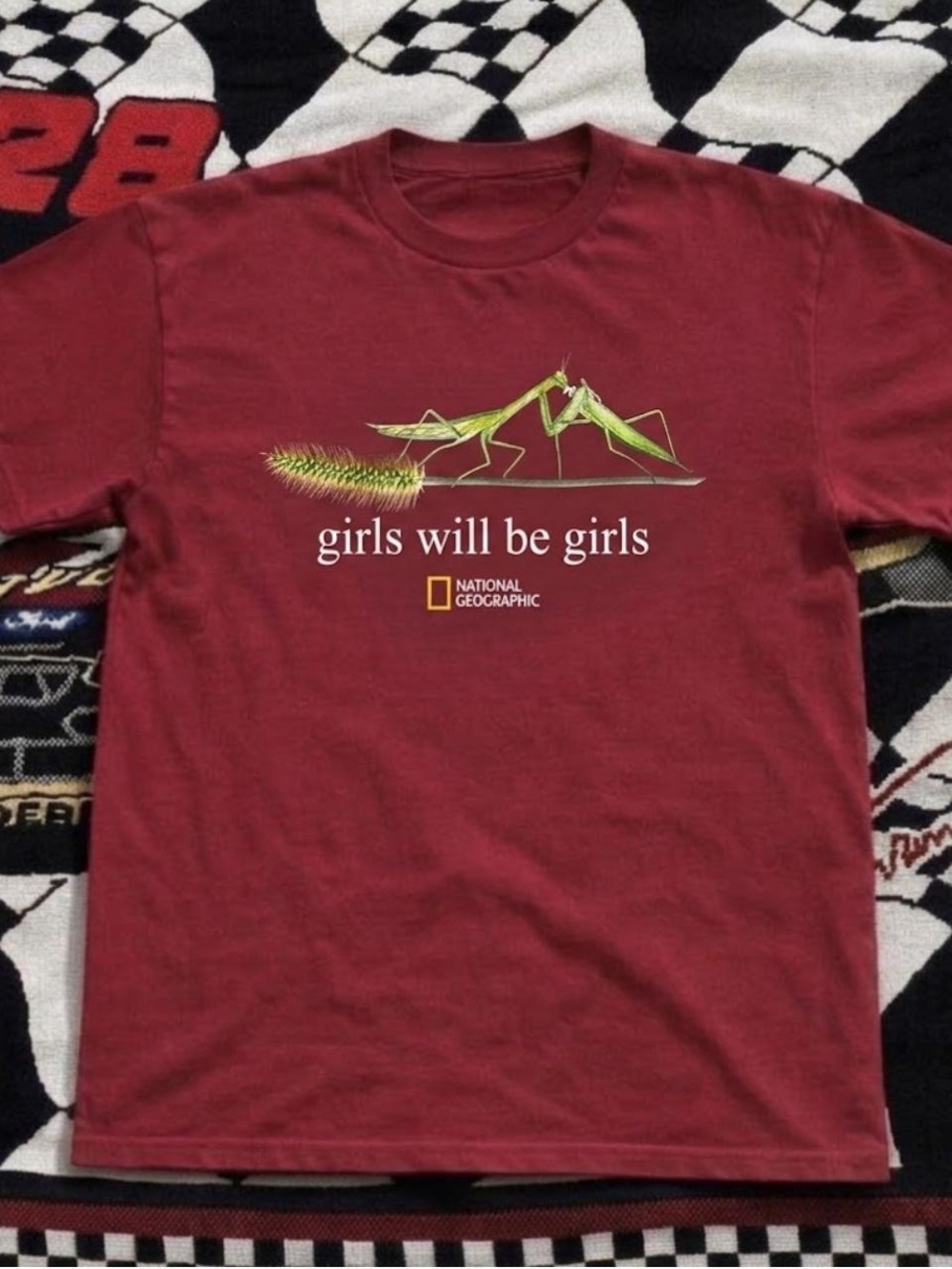 Gildan Burgundy Tee with Green Praying Mantis Graphic